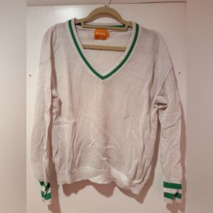 WISPR White and Green V-Neck Crochet Sweater
